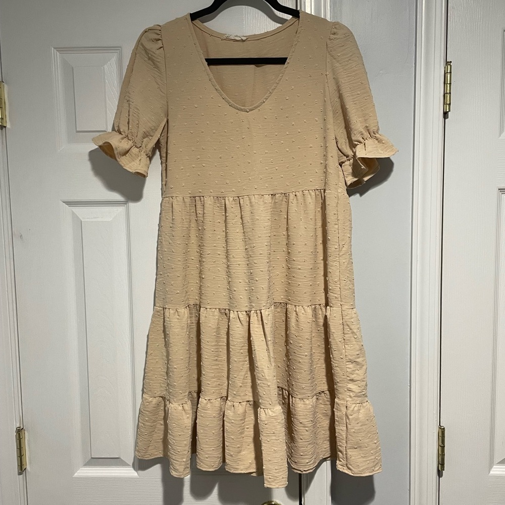 Beige Tiered Midi Maternity Dress with Short Puff Sleeves
